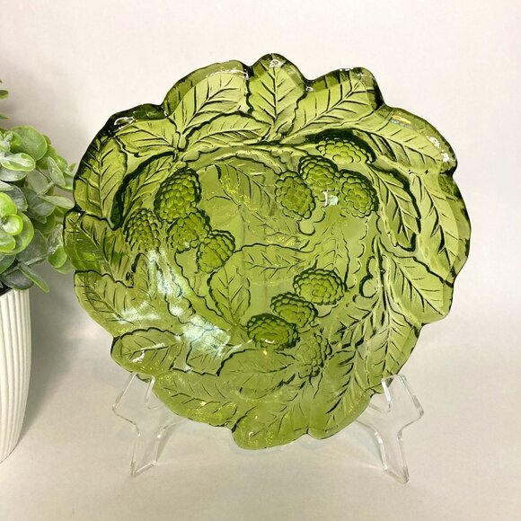 Indiana Glass Other - Indiana Green Glass Loganberry and Leaf Pattern Vintage Candy Dish - Bowl